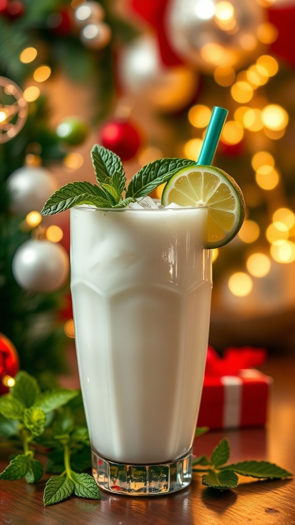 Coconut Christmas Cocktail Recipe A coconut cocktail in a glass with mint and lime garnish, surrounded by Christmas decorations.